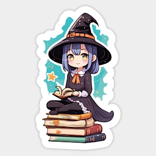 Cute Anime girl witch sitting on books Sticker